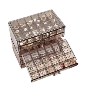 Three-layer smoky grey jewelry box with clear drawers for rings and earrings