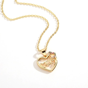 Gold plated MOM heart pendant necklace with multi-color rhinestones on a delicate chain