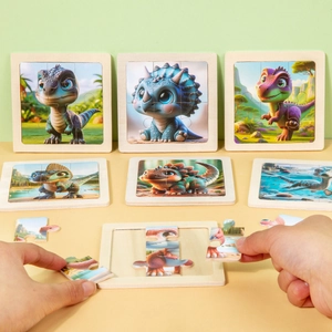 Educational 9-piece wooden cartoon dinosaur puzzle set for toddler early learning