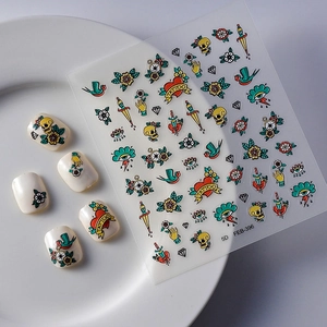 Detailed macro view of 5D embossed nail stickers featuring vintage tattoo art and skulls