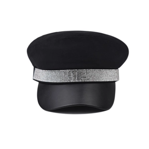 Black cotton military baker boy hat with sparkling rhinestone band and leather visor
