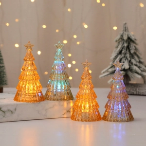 Set of four glowing Christmas tree night lights with gold foil and warm LED glitter decor