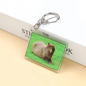 Detail of a rectangular acrylic capybara keychain with a sturdy silver metal D-ring clasp
