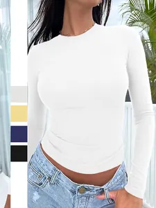 Damen Langarm T-Shirt Strick Viskose Slim Fit Rundhals Einfarbig Y2K Streetwear Oberteil