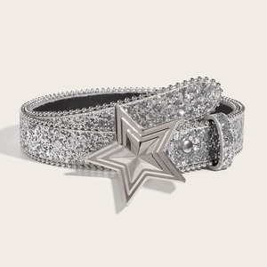 Fashionable silver sequin belt for women with large metallic five-point star buckle