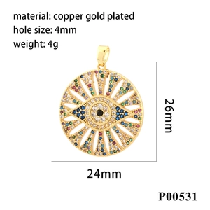 Gold-plated evil eye pendant with colorful cubic zirconia and dimension details