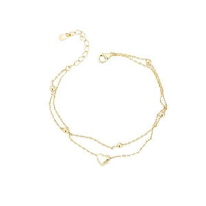 Double-layer golden S925 silver bracelet featuring heart pendant and beaded chain design