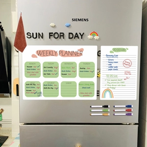 Magnetic dry erase weekly planner and grocery list set on stainless steel fridge