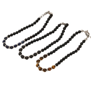 Men's natural stone beaded bracelet set with lapis lazuli, tiger eye, and volcanic lava