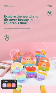 Rainbow silicone pop-it purses for kids featuring cartoon princess characters on pedestals