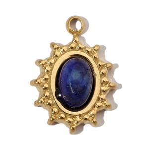 Detail of golden sun pendant featuring deep blue natural stone inlay on white background