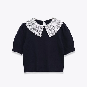Women Knit Short Sleeve Top White Lace Peter Pan Collar Navy Blue Puff Sleeve Crochet Hollow Out Elegant Sweater