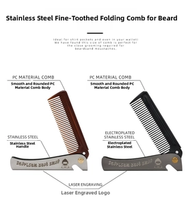 Detail view of folding beard combs with stainless steel handles and PC fine teeth