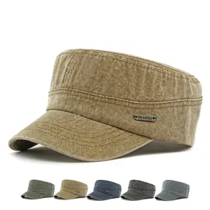 Washed Cotton Cadet Cap Flat Top Hat Vintage Adjustable Outdoor Sun Protection Military Style For Men Women