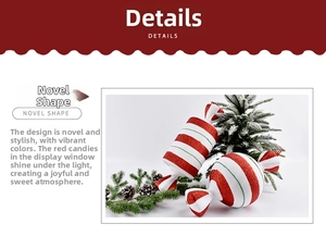 Macro shot of red and white striped candy ornaments with festive glitter accents