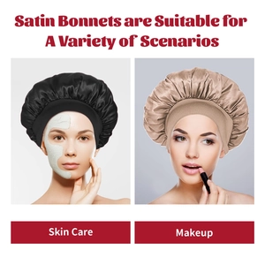 Detail of satin bonnets in black and champagne for skincare and makeup routines