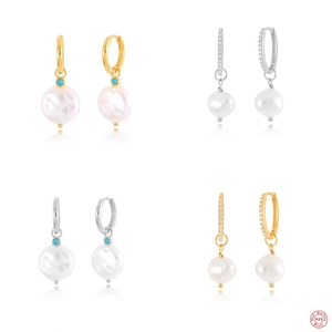 Elegant S925 sterling silver hoop earrings with baroque pearls and turquoise accents
