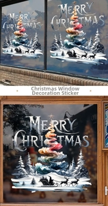 Detail of Christmas tree static stickers on window with Santa and reindeer silhouette