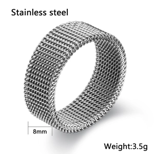 Detail view of 8mm stainless steel mesh ring showing textured weave design and dimensions