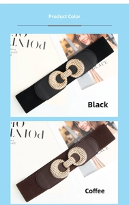 Detail of elastic wide waist belts in black and coffee with golden double-ring buckles