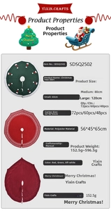 Detailed size chart for polyester Christmas tree skirts in snowman and knit patterns