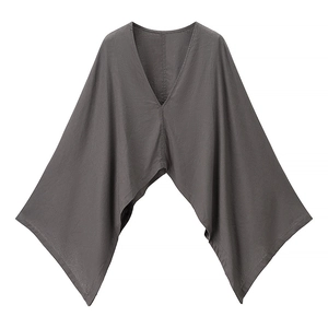 Close-up of deep grey V-neck batwing blouse showing soft cotton linen fabric texture
