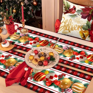 Christmas placemats set with red black plaid pattern and festive decorative holiday ornaments