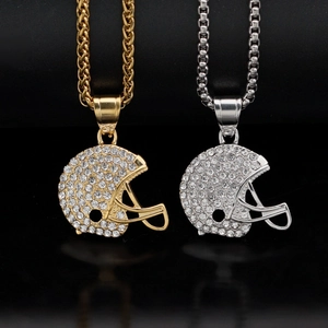 American Football Helmet Pendant Necklace Stainless Steel Iced Out Rhinestone Hip Hop Fashion Jewelry Trendy