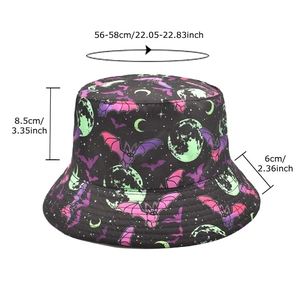 Creative black bucket hat with purple bat and moon patterns for casual outdoor wear