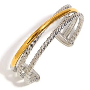 Two-tone stainless steel twist cable open bangle with gold polished band for women