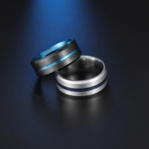 Men's two-tone brushed stainless steel rings with vibrant blue metal inlay details