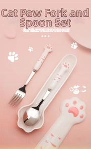 Close-up of pink cat paw 304 stainless steel spoon and fork set with storage base