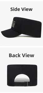 Detail view of the side embroidery and adjustable metal buckle on the black cadet hat