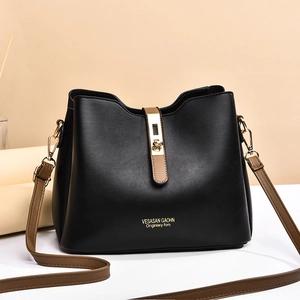 Women PU Leather Bucket Bag Contrast Color Large Capacity Shoulder Crossbody Handbag Gold Hardware Street Style Fashion