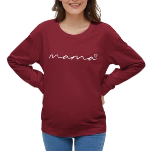 Long sleeve crewneck maternity sweatshirt in burgundy with mama and heart print