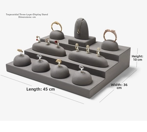 Three-tier dark gray velvet jewelry display stand for rings and necklaces, 45x36cm