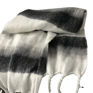 Thick gradient grey mohair scarf with tassels, soft cashmere-like shawl for winter warmth