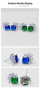 Macro view of square-cut gemstone earrings with marquise-cut accents and needle posts