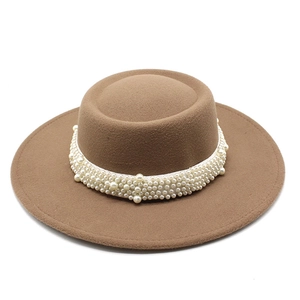 Brown wool felt boater hat with wide brim and elegant pearl bead decoration band