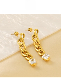 Detail of titanium steel drop earrings with chunky Cuban chain and square zircon stones