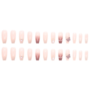 Pink gradient long trapezoid press-on nails with 3D butterflies and heart rhinestones