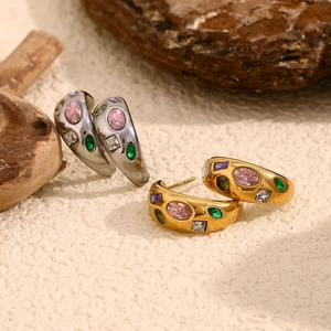 Geometric Moon C-Shape Hoop Stud Earrings Stainless Steel 18K Gold Plated Colorful Zircon Micro Inlaid For Women