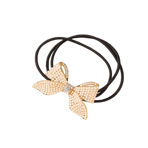 Elegant black hair tie with sparkling rhinestone butterfly and white pearl accents