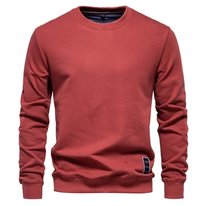 Detail of brick red crewneck sweatshirt showing ribbed neckline and soft cotton texture