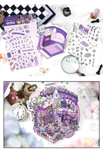 Macro shot of 2.5D magic house themed scrapbooking stickers with purple vintage elements