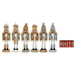 Set of six 13cm glitter wooden Nutcracker soldier ornaments with festive gift box