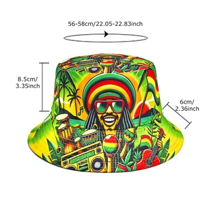 Reversible ethnic style bucket hat with reggae print for sun protection and outdoor fashion