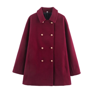 Classic wine red double-breasted wool coat featuring eight golden buttons on white background