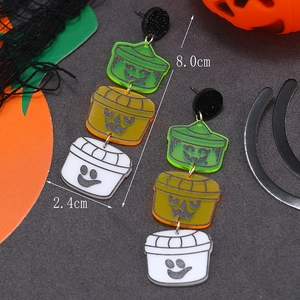 Detail view of acrylic Halloween earrings with ghost and pumpkin charms and size 8.0x2.4cm