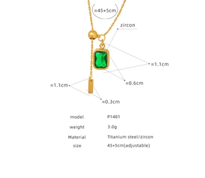 Detail view of the green zircon pendant necklace with precise dimensions and steel specs